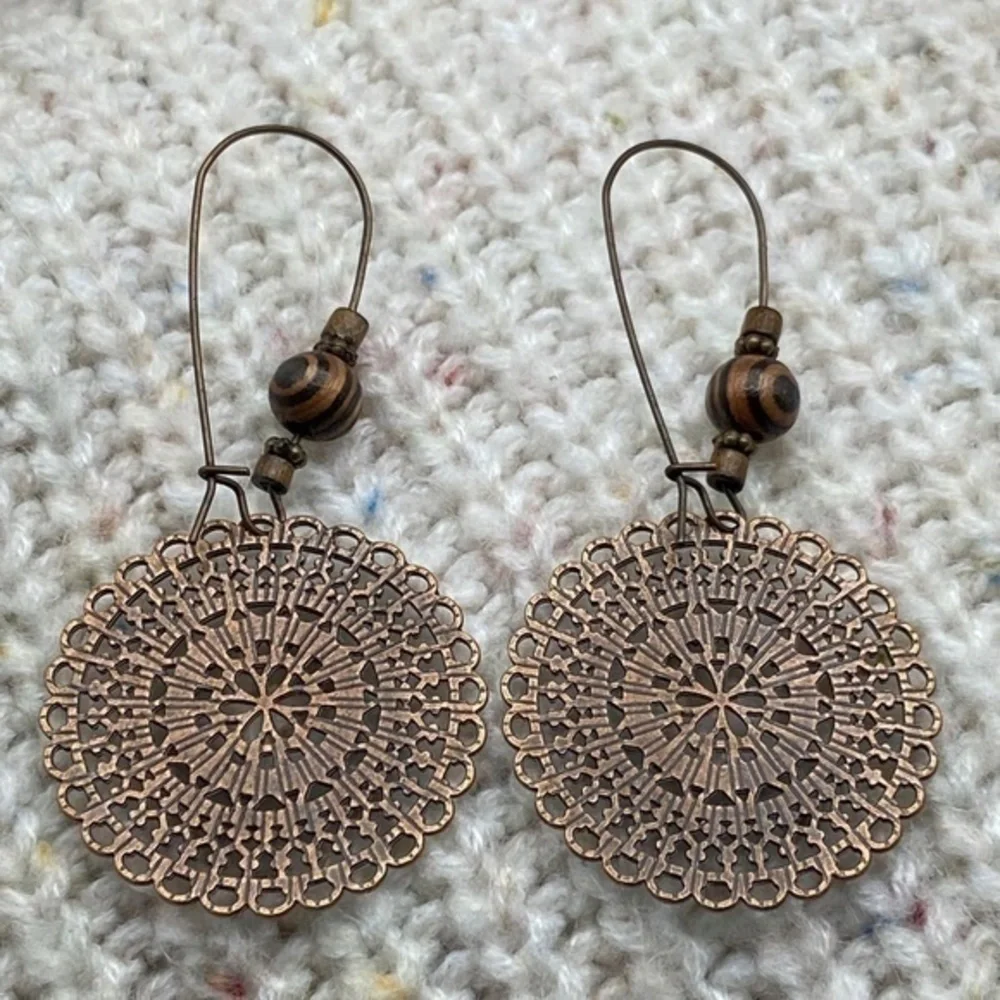 BohoDrop Earrings Round Ornate‎ Metal Wood Bead Hanging Earrings